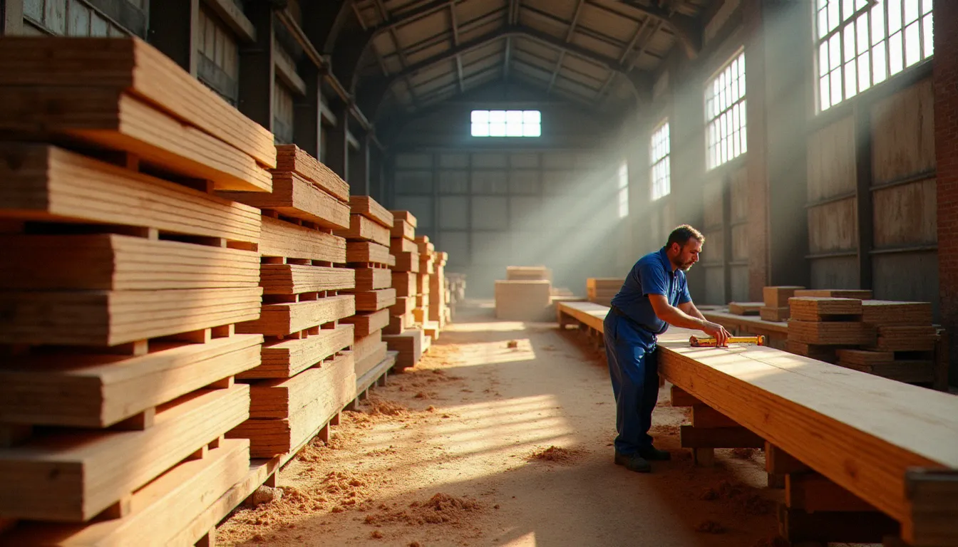 Intérieur d'une scierie française avec des planches de sapin empilées et un ouvrier mesurant le bois, secteur concerné par la CVO France Bois Forêt