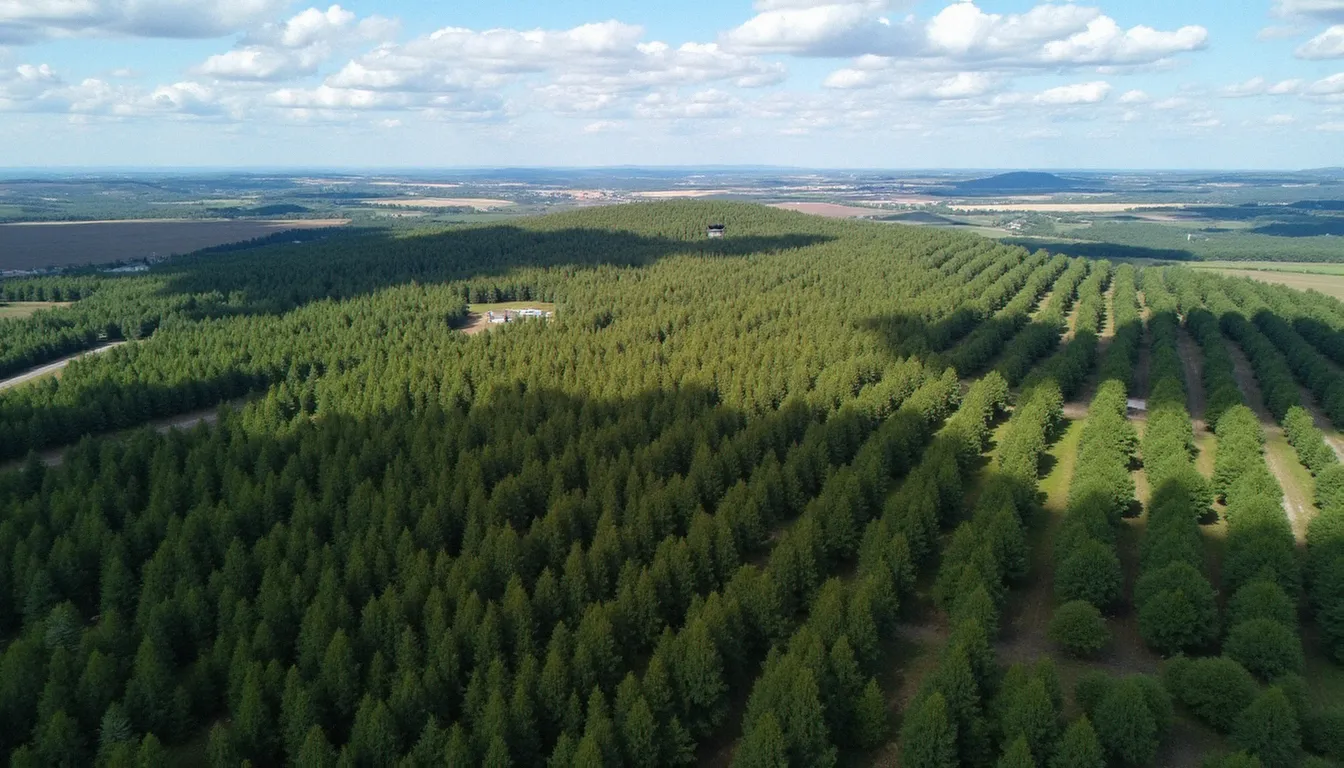 Vue aérienne d'une forêt gérée en Occitanie montrant l'organisation des parcelles forestières, patrimoine soutenu par France Bois Forêt et la CVO