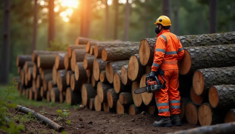 Bûcheron professionnel devant une pile de grumes de chêne en forêt française, illustrant la filière france bois forêt et la CVO