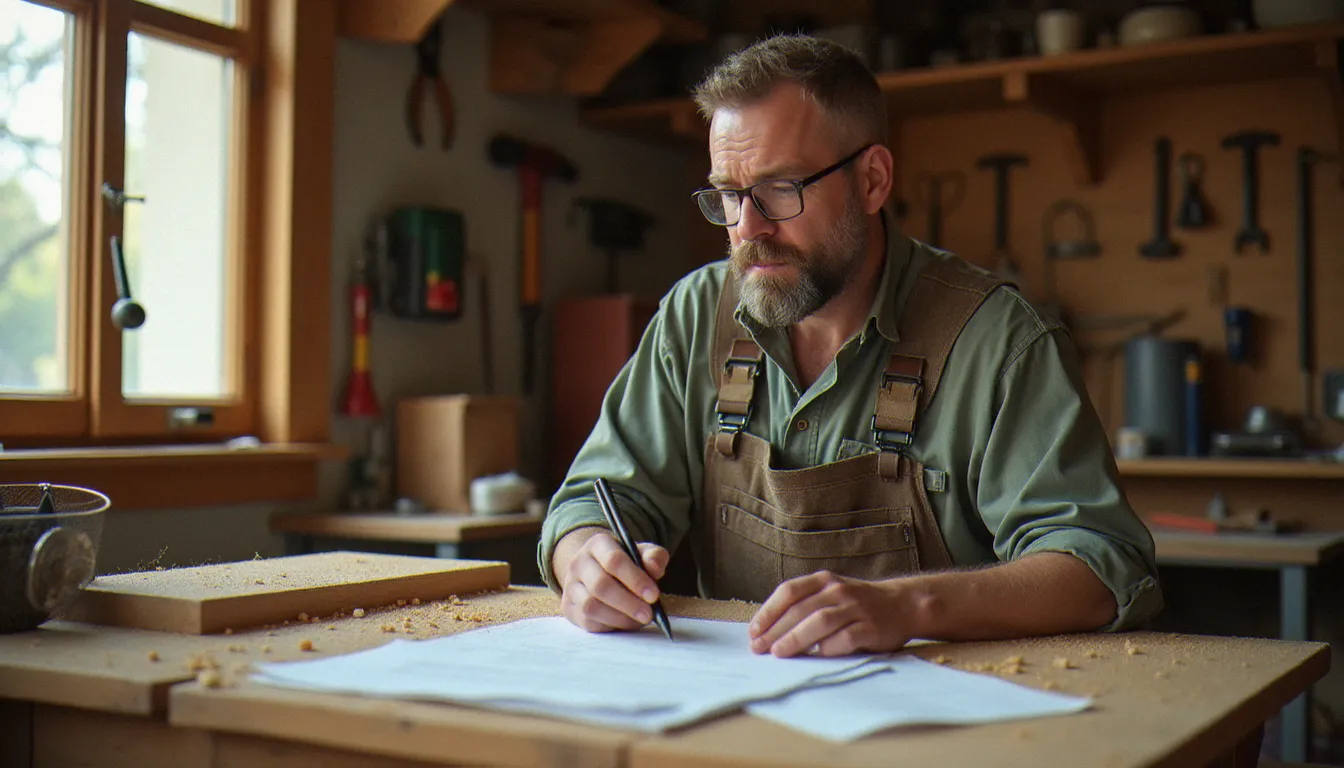 Artisan menuisier bois étudiant les documents administratifs de la contribution obligatoire France Bois Forêt dans son atelier artisanal