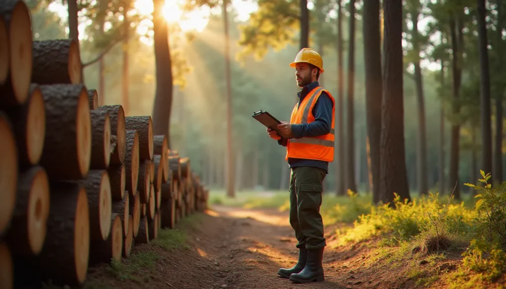 Professionnel de la filière forêt-bois en forêt française consultant des documents relatifs à la CVO France Bois Forêt obligatoire, entouré de grumes fraîchement abattues