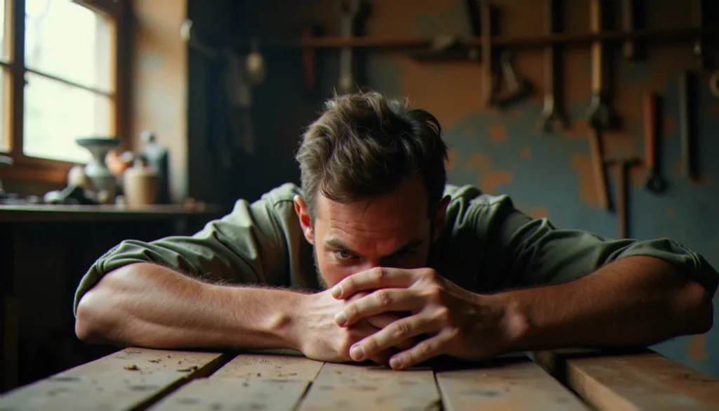 Artisan en gueule de bois la tête posée sur son établi en bois dans un atelier de menuiserie, illustrant les effets du lendemain de fête