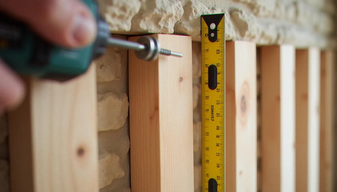 Fixation de tasseaux bois sur un mur en pierre avec une visseuse, pose de l'ossature pour lambris bois avec un niveau à bulle