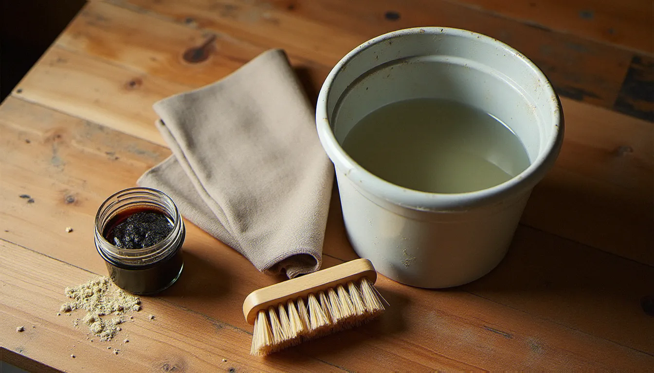 Produits naturels adaptés au nettoyage d'un parquet bois disposés sur un établi : savon noir dilué, brosse douce et chiffon microfibre