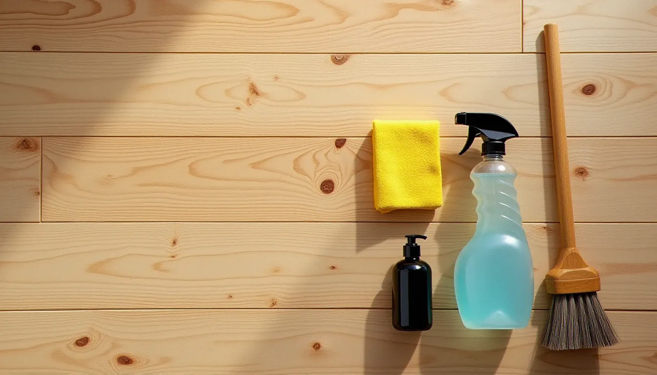 Produits recommandés pour nettoyer un parquet bois — savon noir, nettoyant pH neutre et serpillière microfibre disposés sur du bois