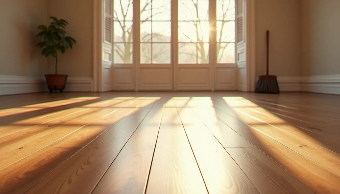 Parquet bois huilé propre et lumineux dans un salon français après nettoyage en profondeur, lames de châtaignier visibles en pleine lumière naturelle