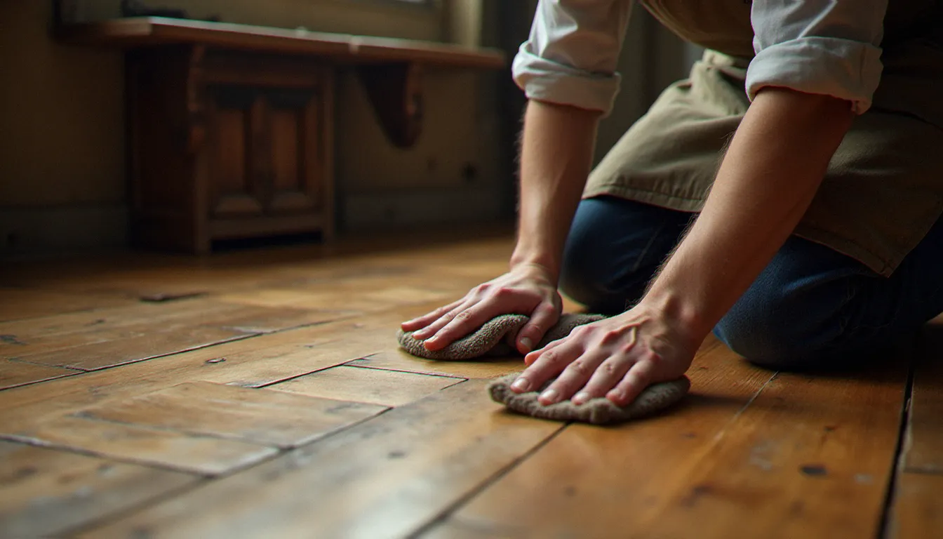 Artisan appliquant une huile de rénovation sur un parquet bois ancien terne pour lui redonner son éclat naturel