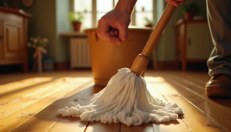 Mains d'artisan essorant une serpillière microfibre avant de nettoyer un parquet bois en chêne dans une cuisine lumineuse