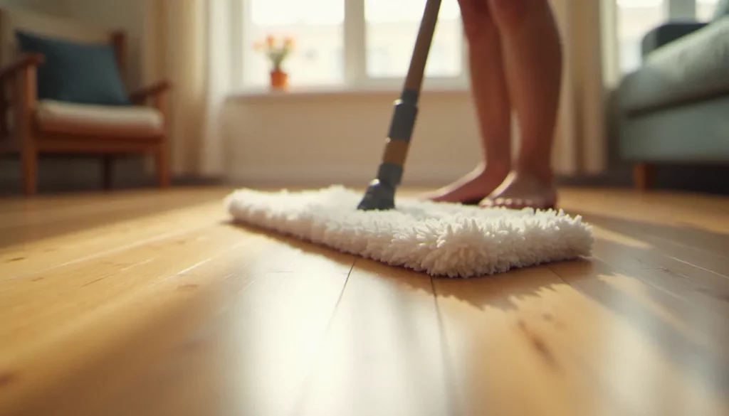 Nettoyage d'un parquet bois en chêne massif avec une serpillière microfibre légèrement humide dans un intérieur lumineux