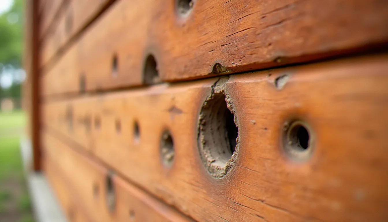 Série de trous ronds et nets creusés par un pic bois dans un bardage en cèdre rouge d'une maison, montrant les dégâts typiques sur les charpentes et structures bois