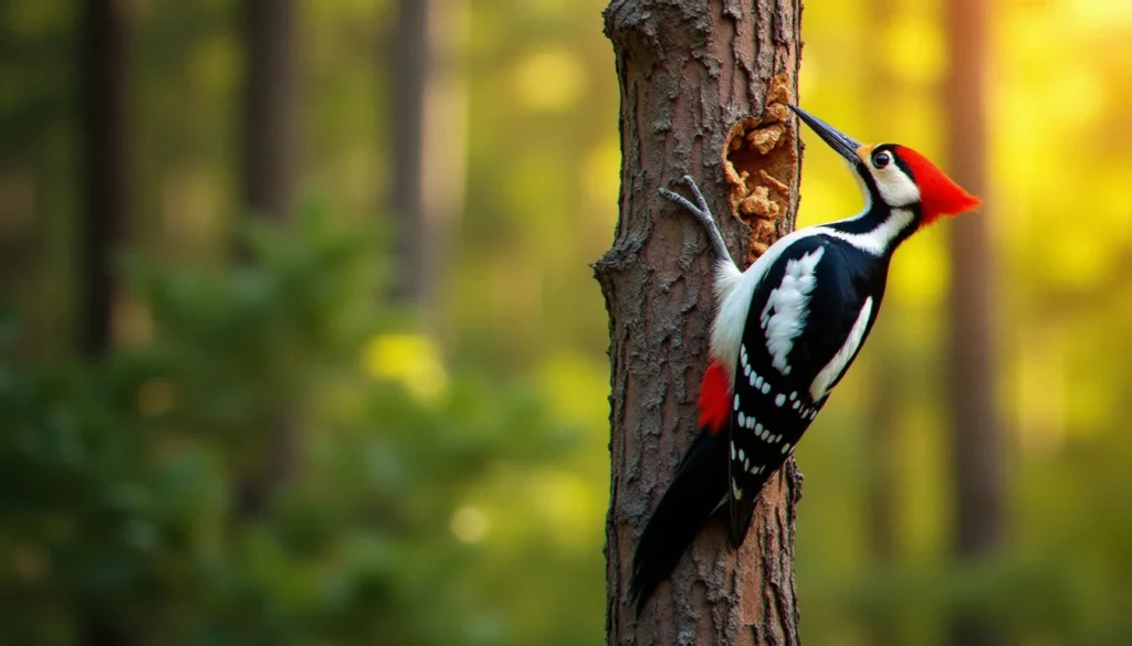 Pic épeiche en plein picorage sur un tronc de pin, illustrant pourquoi le pic bois pique le bois des arbres