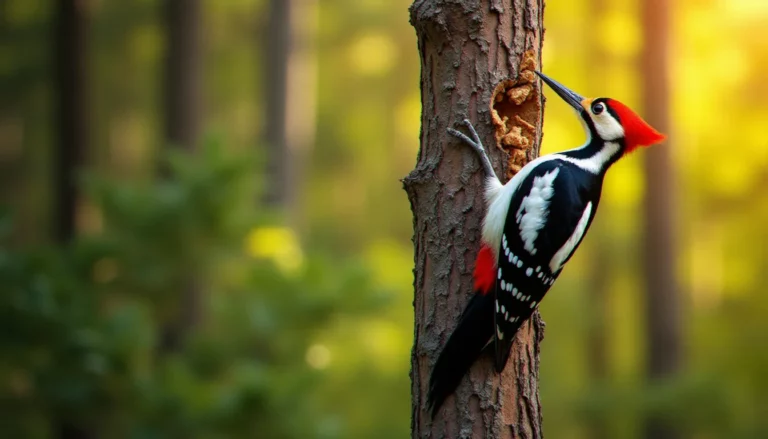 Pic épeiche en plein picorage sur un tronc de pin, illustrant pourquoi le pic bois pique le bois des arbres