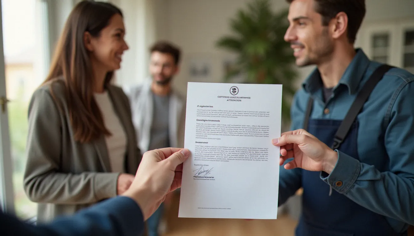 Remise d'une attestation de ramonage par un artisan certifié à un locataire, document essentiel pour justifier du ramonage obligatoire auprès de l'assurance habitation