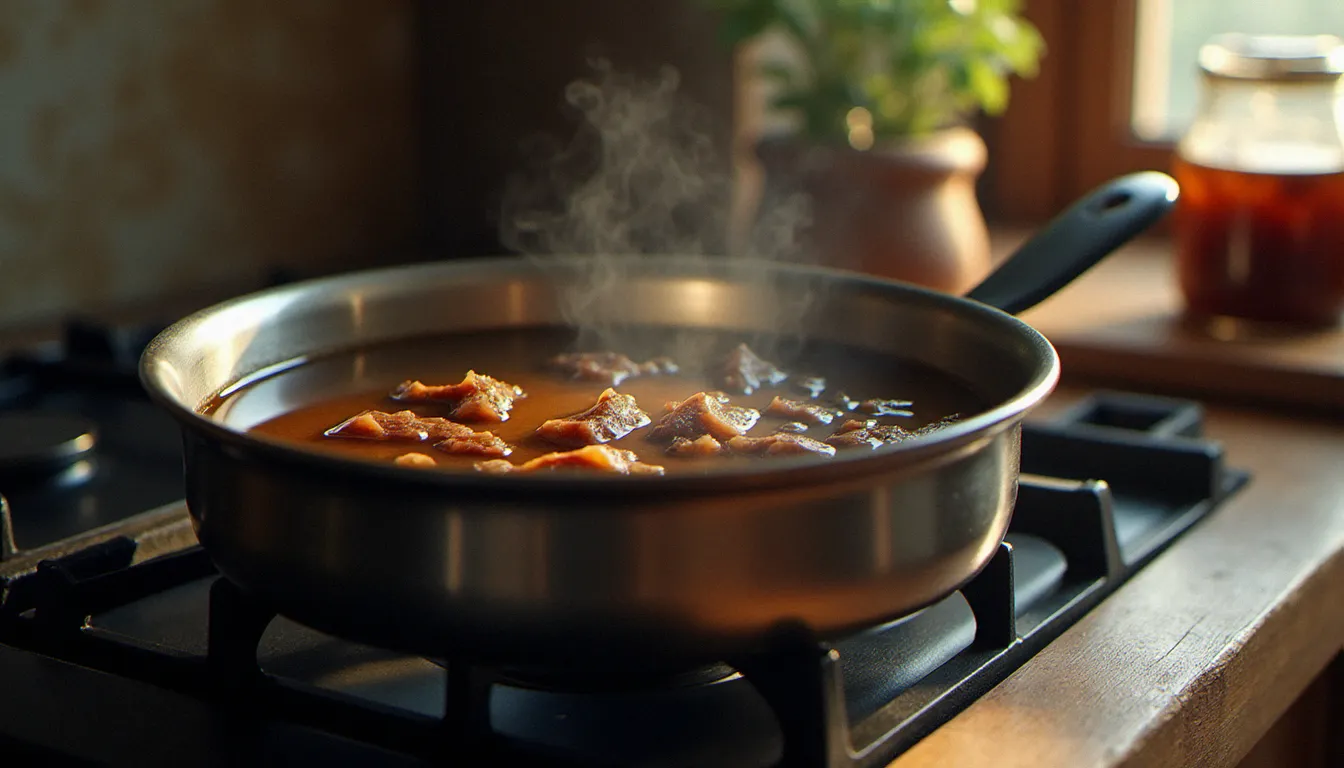 Décoction de bois bandé africain en train de mijoter dans une casserole inox sur une cuisinière à gaz, vapeur légère et liquide brun caractéristique de la préparation