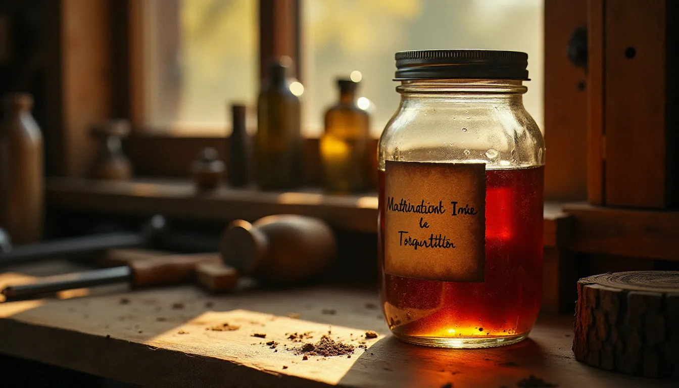 Bocal hermétique contenant une macération alcoolique de bois bandé africain dans le rhum blanc, posé sur une étagère d'atelier en bois, lumière dorée d'après-midi