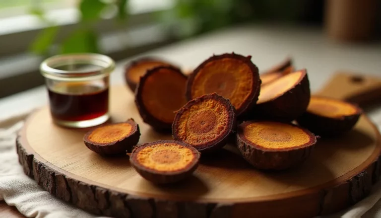 Écorce séchée de bois bandé africain sur une planche en bois, avec un bocal de préparation liquide, illustrant la recette bois bandé africain traditionnelle