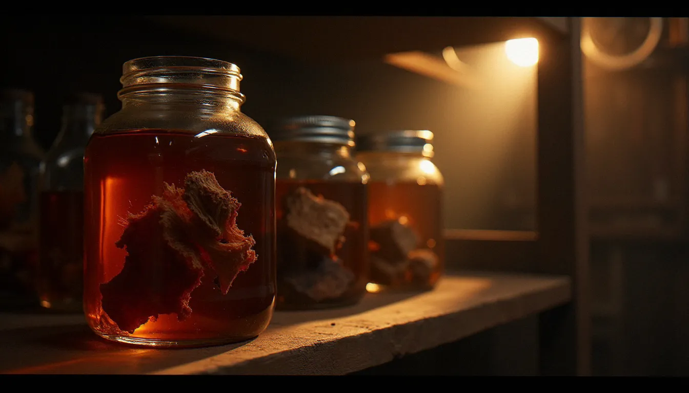 Bocal en verre hermétique contenant la macération de rhum agricole et écorce de bois bandé en cours de préparation dans une cave sombre