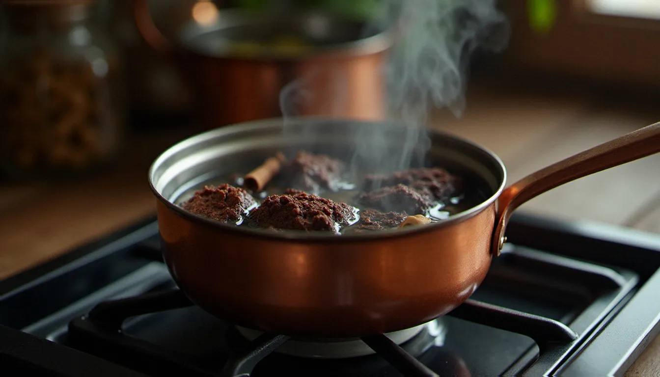 Infusion d'écorce de bois bandé en train de frémir dans une casserole avec cannelle et clous de girofle, préparation de la recette traditionnelle aphrodisiaque