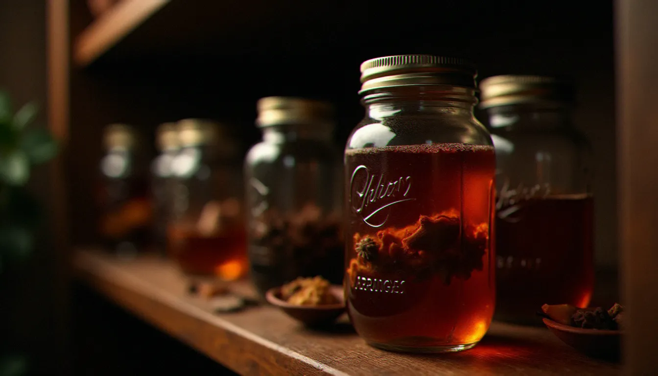 Bocal en verre hermétique de rhum arrangé au bois bandé en cours de macération sur une étagère en bois, préparation aphrodisiaque traditionnelle antillaise