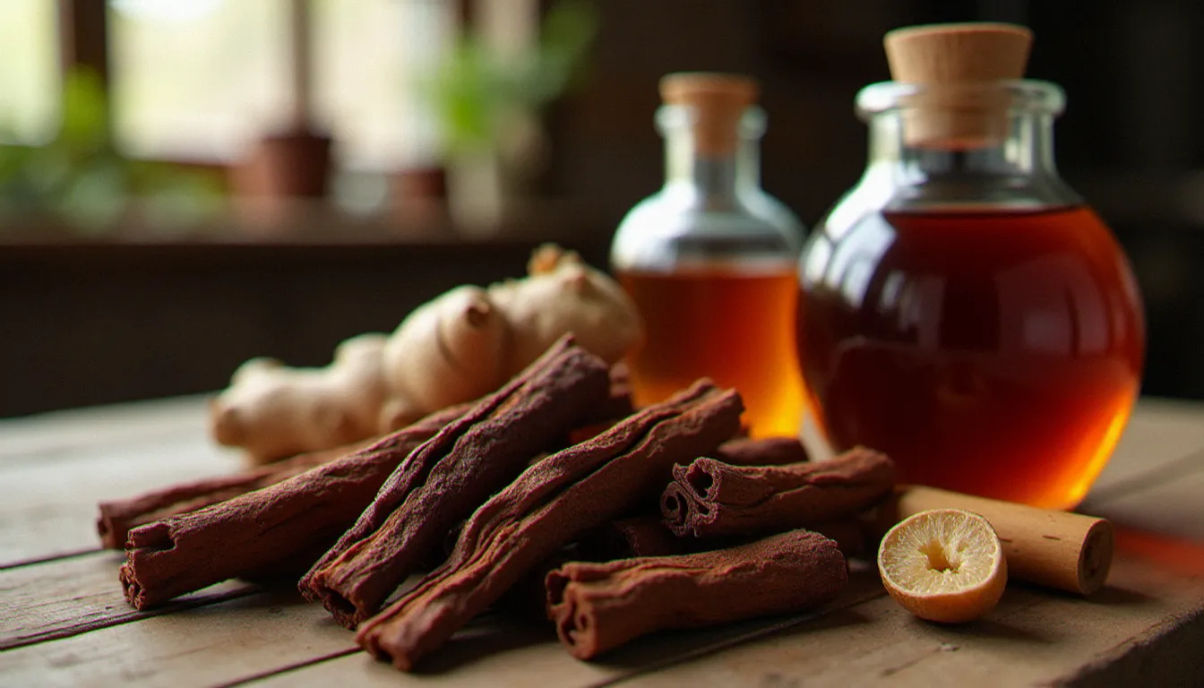 Morceaux d'écorce de bois bandé séchée et rhum de macération aphrodisiaque posés sur une table en bois rustique