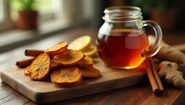 Écorce séchée de bois bandé posée sur une planche en bois rustique avec des épices pour préparer la recette bois bandé aphrodisiaque