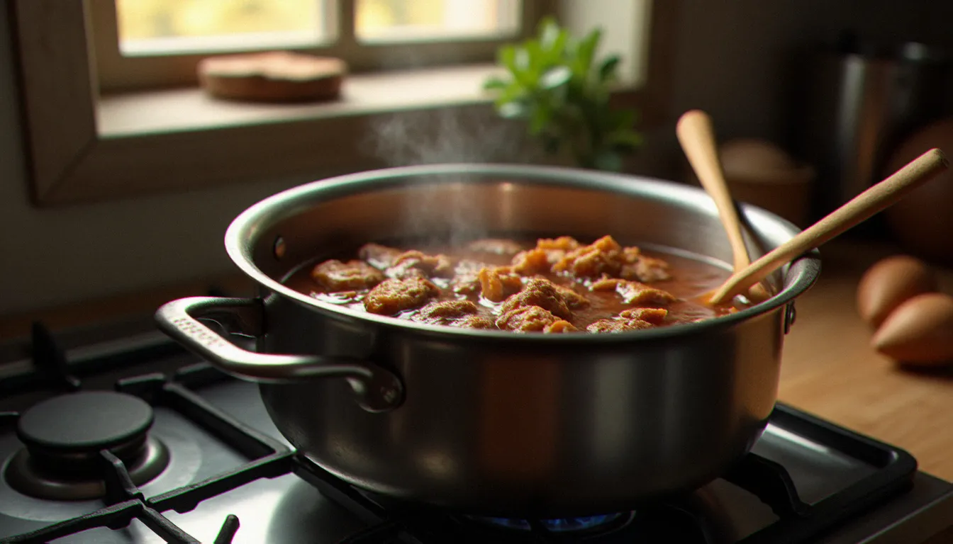 Casserole en inox sur le feu avec une décoction de bois bandé sans alcool en train de frémir doucement, lumière naturelle de cuisine