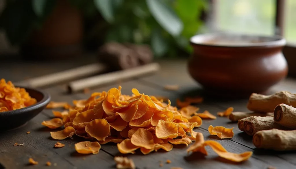 Copeaux d'écorce de bois bandé séchée disposés sur un établi en bois à côté d'une casserole avec une décoction ambrée sans alcool