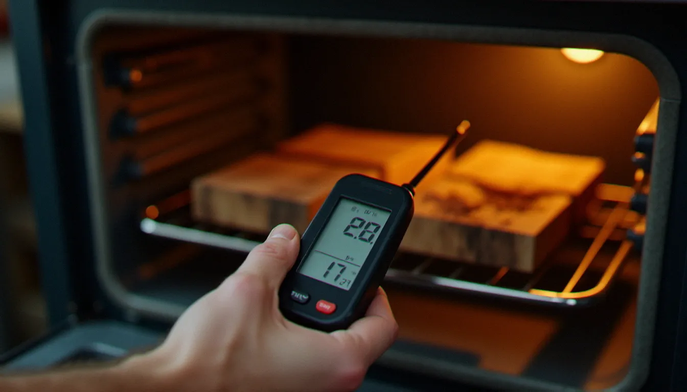Artisan contrôlant la température d'un four avec une sonde numérique lors de la cuisson de bois blond, démontrant le contrôle précis requis pour la torréfaction
