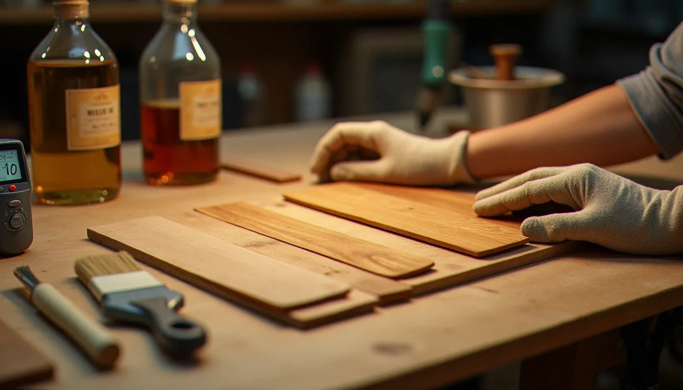 Table d'atelier avec l'outillage complet pour la recette bois blond au four : humidimètre, gants, huile de lin et échantillons de bois torréfiés à différents stades de coloration