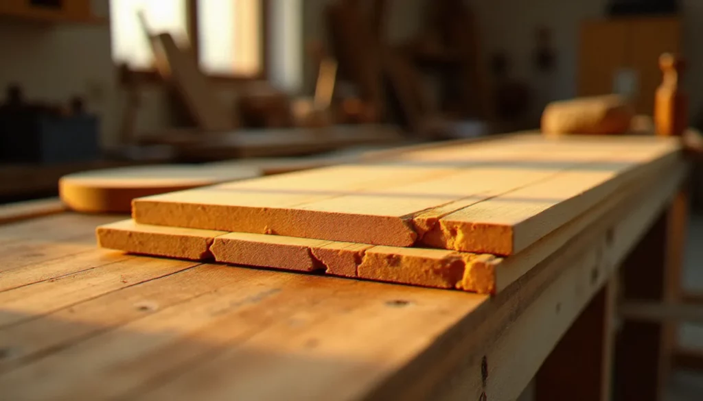 Planches de bois blond torréfiées au four sur un établi d'atelier, illustrant la recette bois blond au four avec leur teinte miel caractéristique