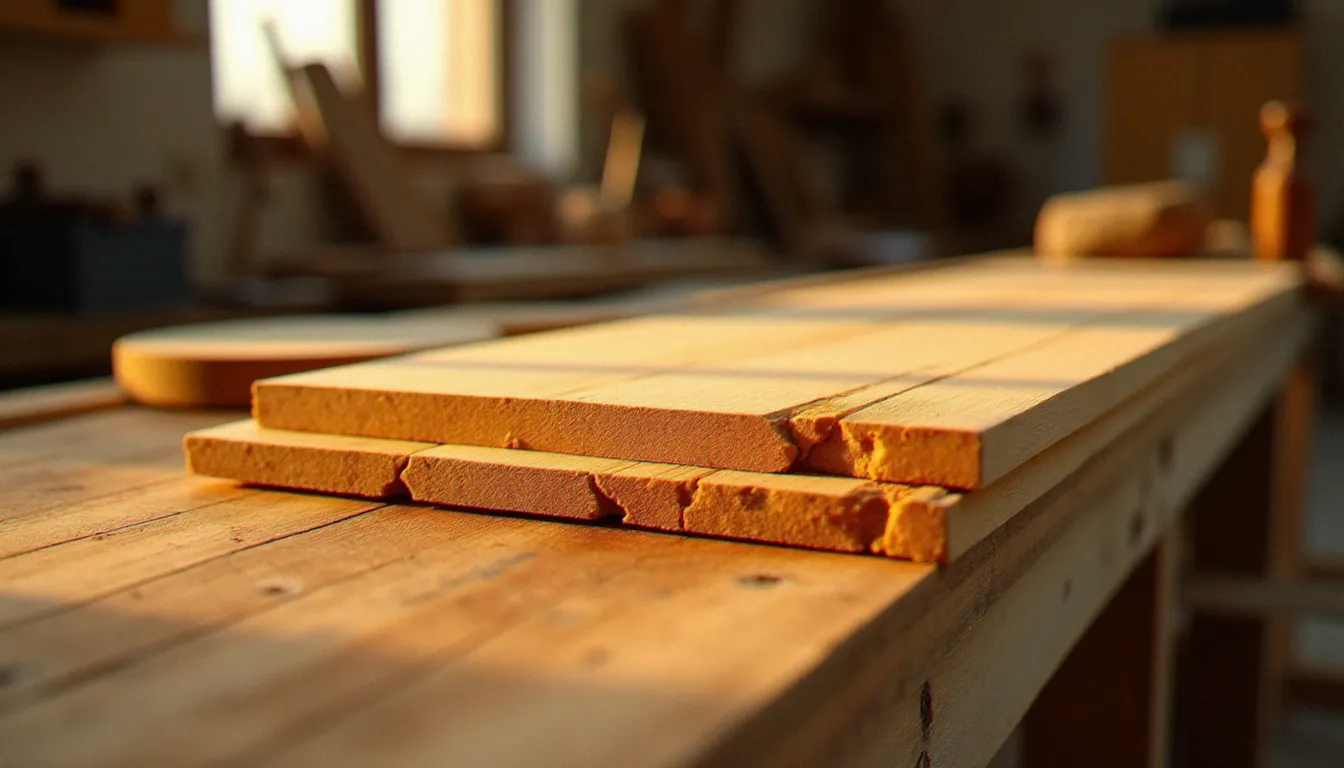 Planches de bois blond torréfiées au four sur un établi d'atelier, illustrant la recette bois blond au four avec leur teinte miel caractéristique