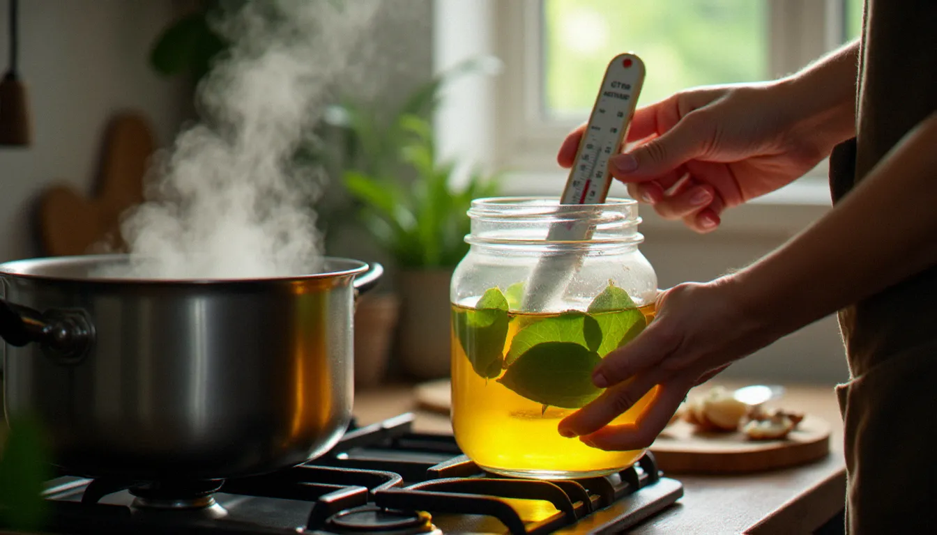 Bain-marie pour l'infusion des feuilles de bois d'inde dans l'huile de coco, étape clé de la recette bois d'inde maison