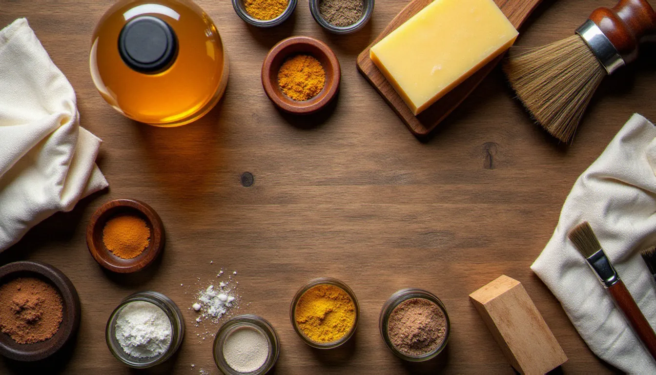Ingrédients naturels de la recette bois de bouddha disposés sur un établi : huile de lin, cire d'abeille et pigments minéraux