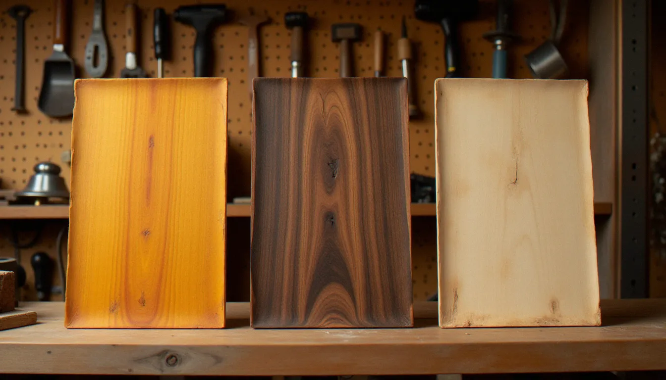 Trois finitions différentes de la recette bois de bouddha sur panneaux bois : teinte dorée, fumée et cendrée claire comparées côte à côte