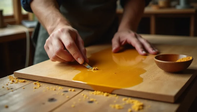Artisan appliquant une recette bois de bouddha à base d'huile et de pigment doré sur une planche de paulownia dans un atelier