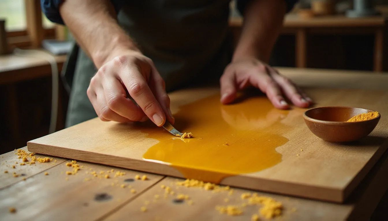 Artisan appliquant une recette bois de bouddha à base d'huile et de pigment doré sur une planche de paulownia dans un atelier