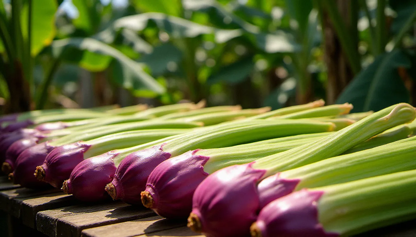 Tiges de bois de songe vertes et violettes séchant au soleil sur des claies en bois dans un jardin créole réunionnais