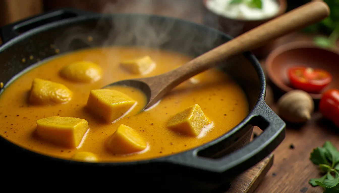 Cocotte en fonte mijotant un carry bois de songe au curcuma sur une cuisinière rustique, avec épices réunionnaises disposées sur le plan de travail