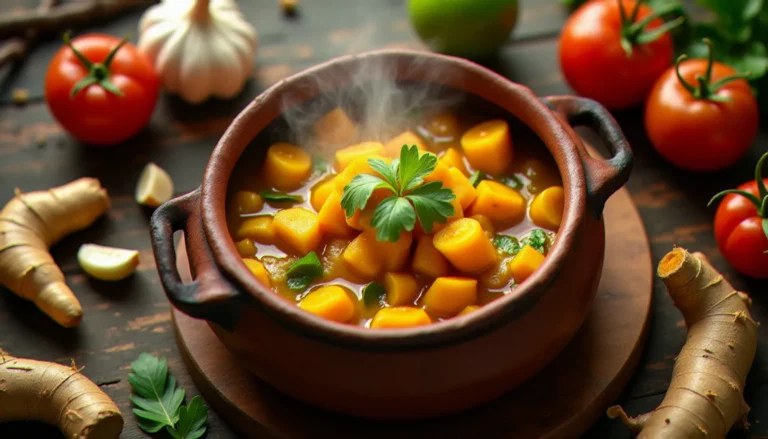 Carry bois de songe Réunion servi dans un pot en terre cuite entouré d'épices fraîches créoles sur une table en bois rustique