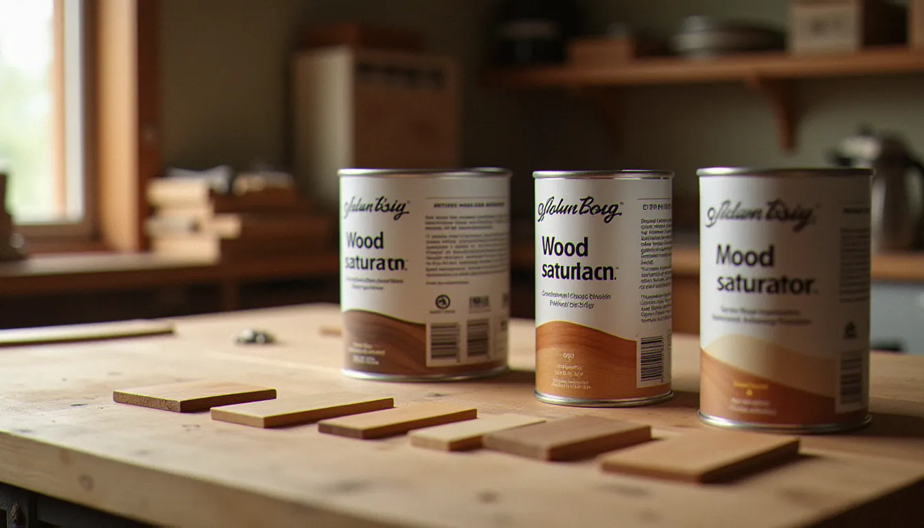 Comparaison de produits de protection du bois — saturateur, huile et lasure — posés sur un établi d'atelier avec des échantillons de bois traités