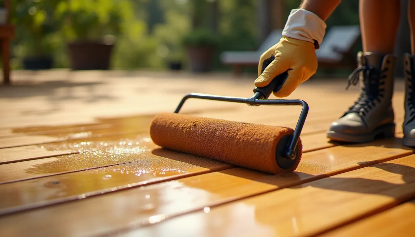 Application au rouleau d'un saturateur bois sur une terrasse extérieure en bois, montrant le brillant humide du produit pénétrant dans les fibres du bois