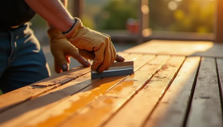 Application de saturateur bois sur une terrasse en bois exotique avec un pinceau plat, illustrant comment appliquer le saturateur bois correctement
