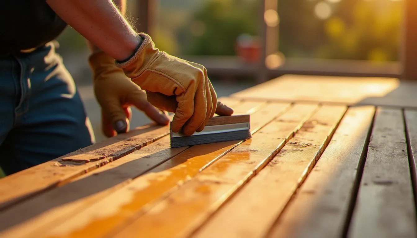 Application de saturateur bois sur une terrasse en bois exotique avec un pinceau plat, illustrant comment appliquer le saturateur bois correctement