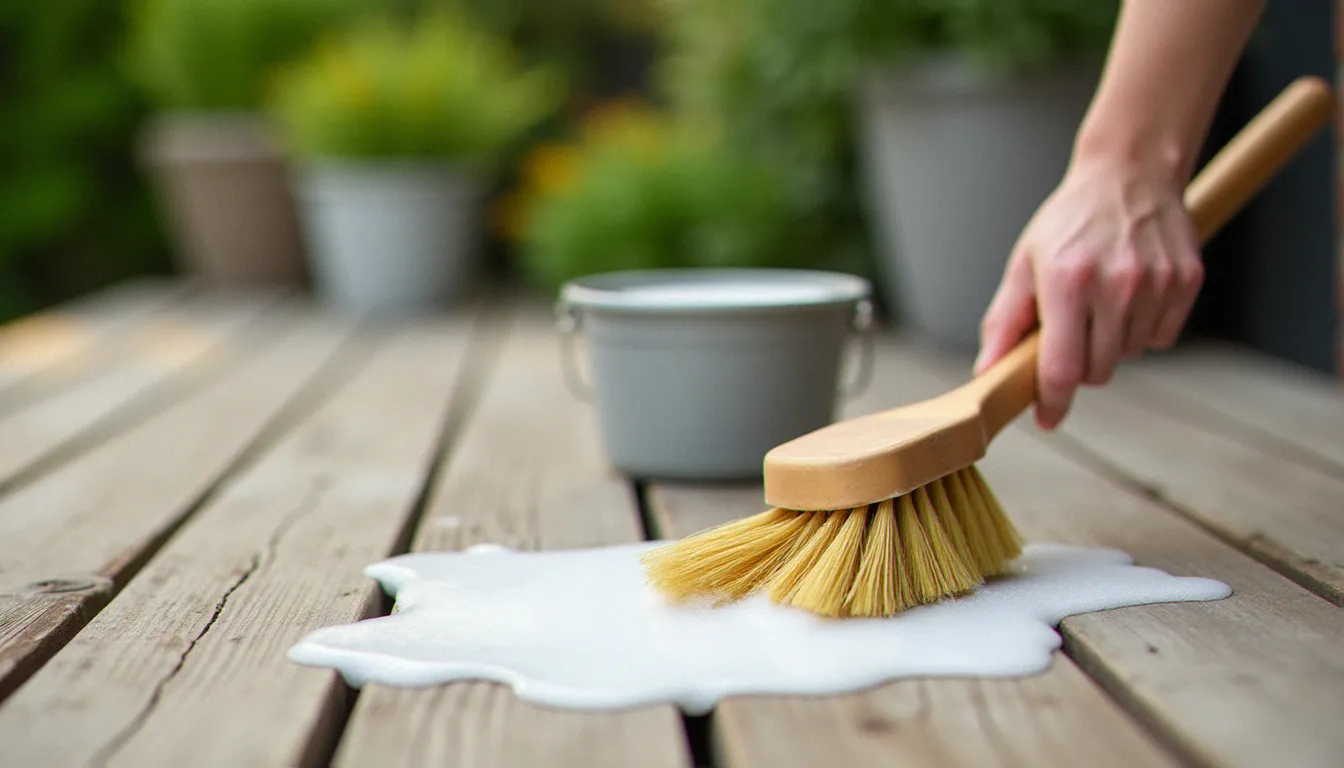 Nettoyage minutieux d'une terrasse bois à la brosse dure avec produit nettoyant spécifique, savon moussant visible entre les lames
