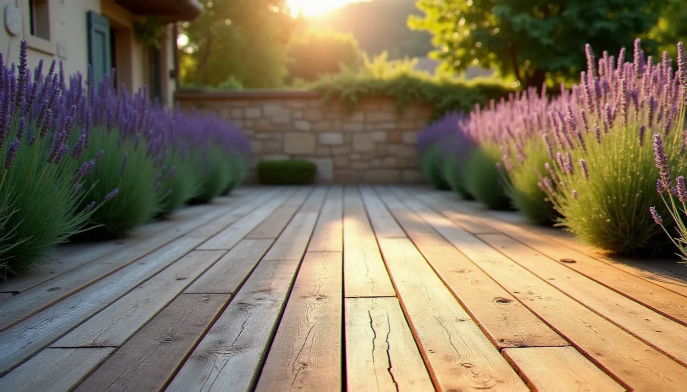 Comparaison côte à côte d'une terrasse bois grisaillée non entretenue et d'une terrasse bois restaurée après traitement avec huile protectrice