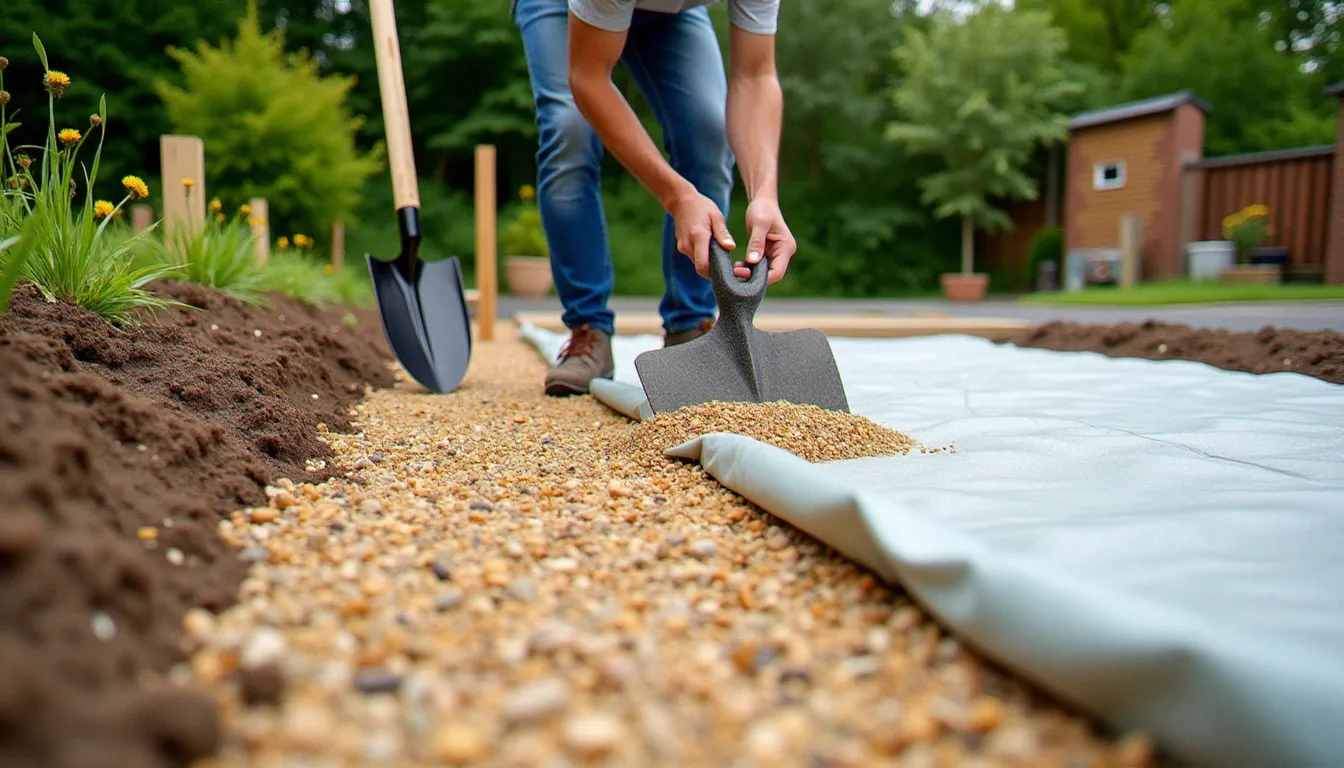 Préparation du terrain avec pose de géotextile et gravier drainant avant installation d'une terrasse bois, étape essentielle pour une terrasse durable