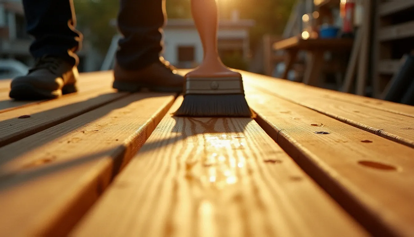 Application d'huile protectrice sur des lames de terrasse bois naturelles, traitement indispensable pour l'entretien et la durabilité de la terrasse