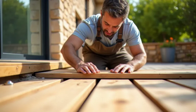 Artisan posant des lames de terrasse bois sur une terrasse extérieure ensoleillée, illustration de comment faire une terrasse bois soi-même