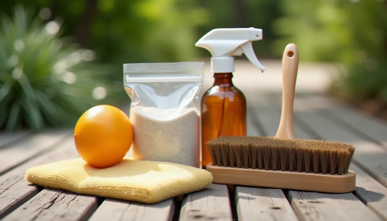 Produits naturels pour nettoyer une terrasse bois : percarbonate de soude, nettoyant bois en spray et brosse nylon posés sur des lames en bois vieilli