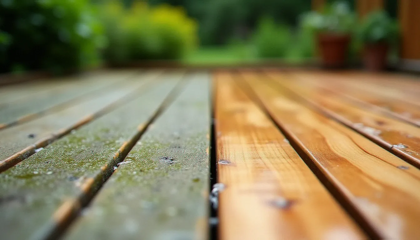 Terrasse bois avant et après nettoyage montrant la différence entre les lames vertes et grises non entretenues et le bois propre retrouvant sa couleur naturelle